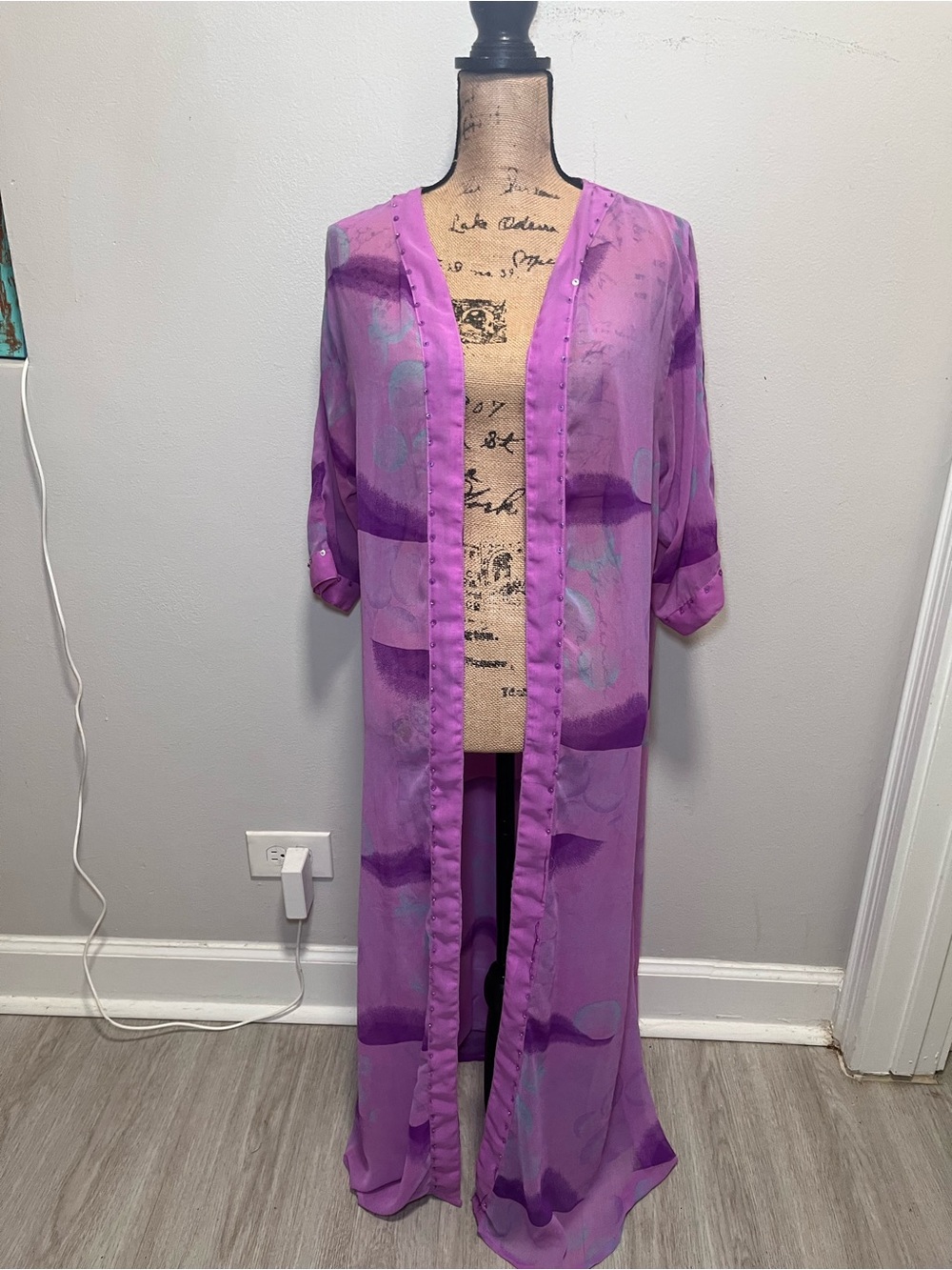 Vintage Boho Sheer Purple Floral Long Kimono Duster Large